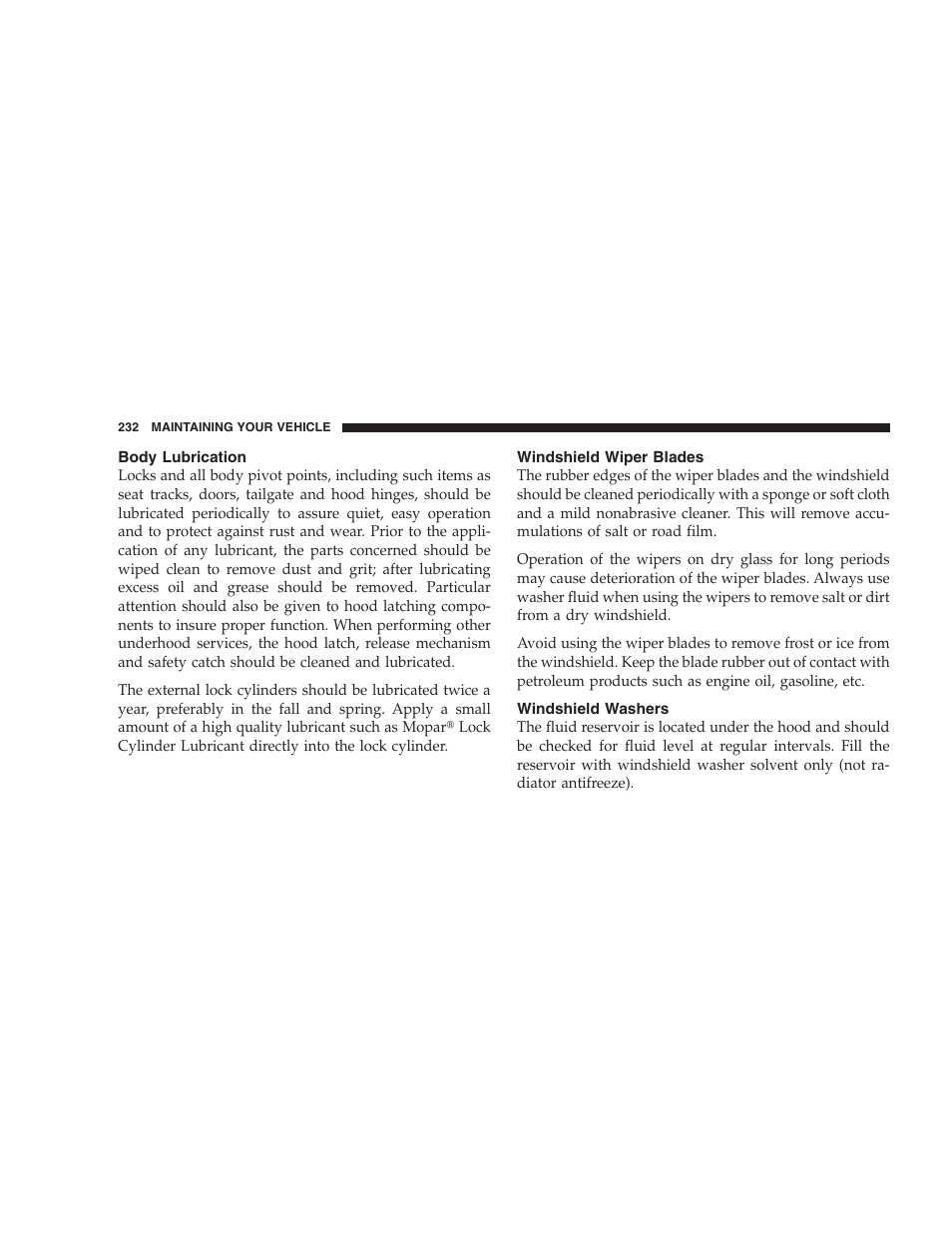 Body lubrication, Windshield wiper blades, Windshield washers | Dodge 2004 Ram SRT-10 User Manual | Page 232 / 302