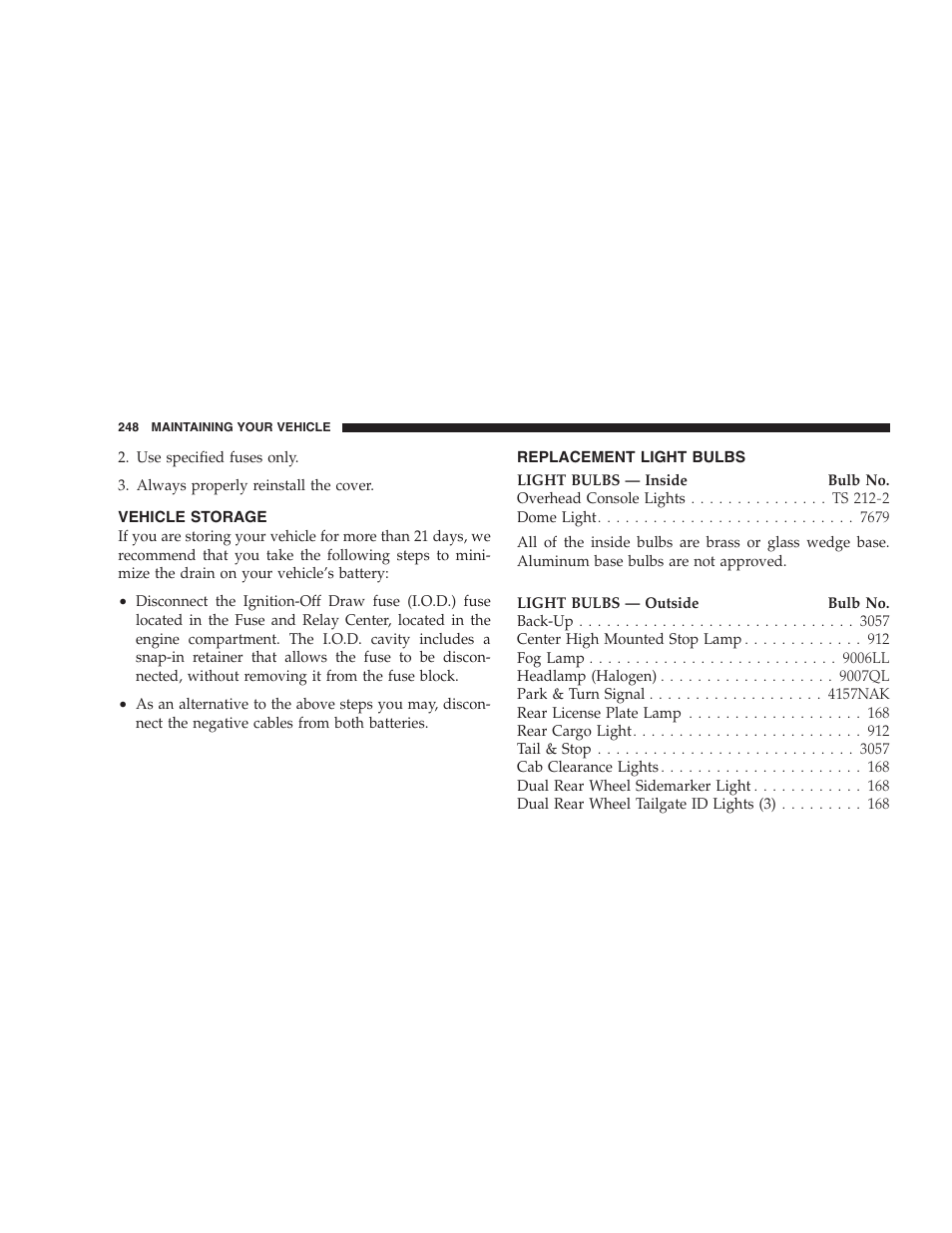 Vehicle storage, Replacement light bulbs | Dodge 2004 Ram SRT-10 User Manual | Page 248 / 302