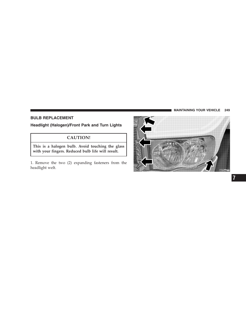 Bulb replacement, Headlight (halogen)/front park and turn, Lights | Dodge 2004 Ram SRT-10 User Manual | Page 249 / 302