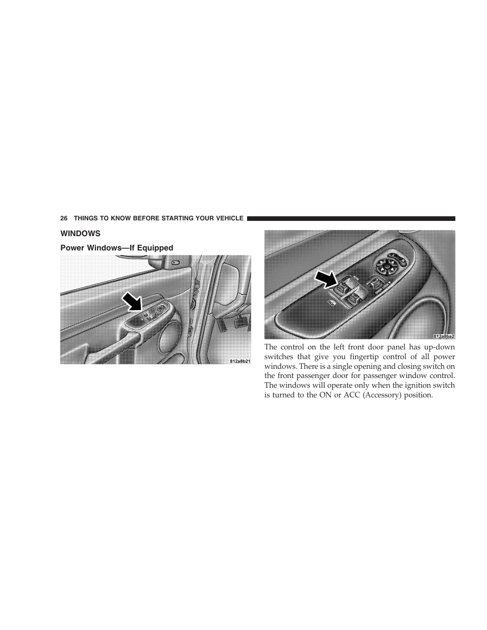 Windows, Power windows—if equipped | Dodge 2004 Ram SRT-10 User Manual | Page 26 / 302