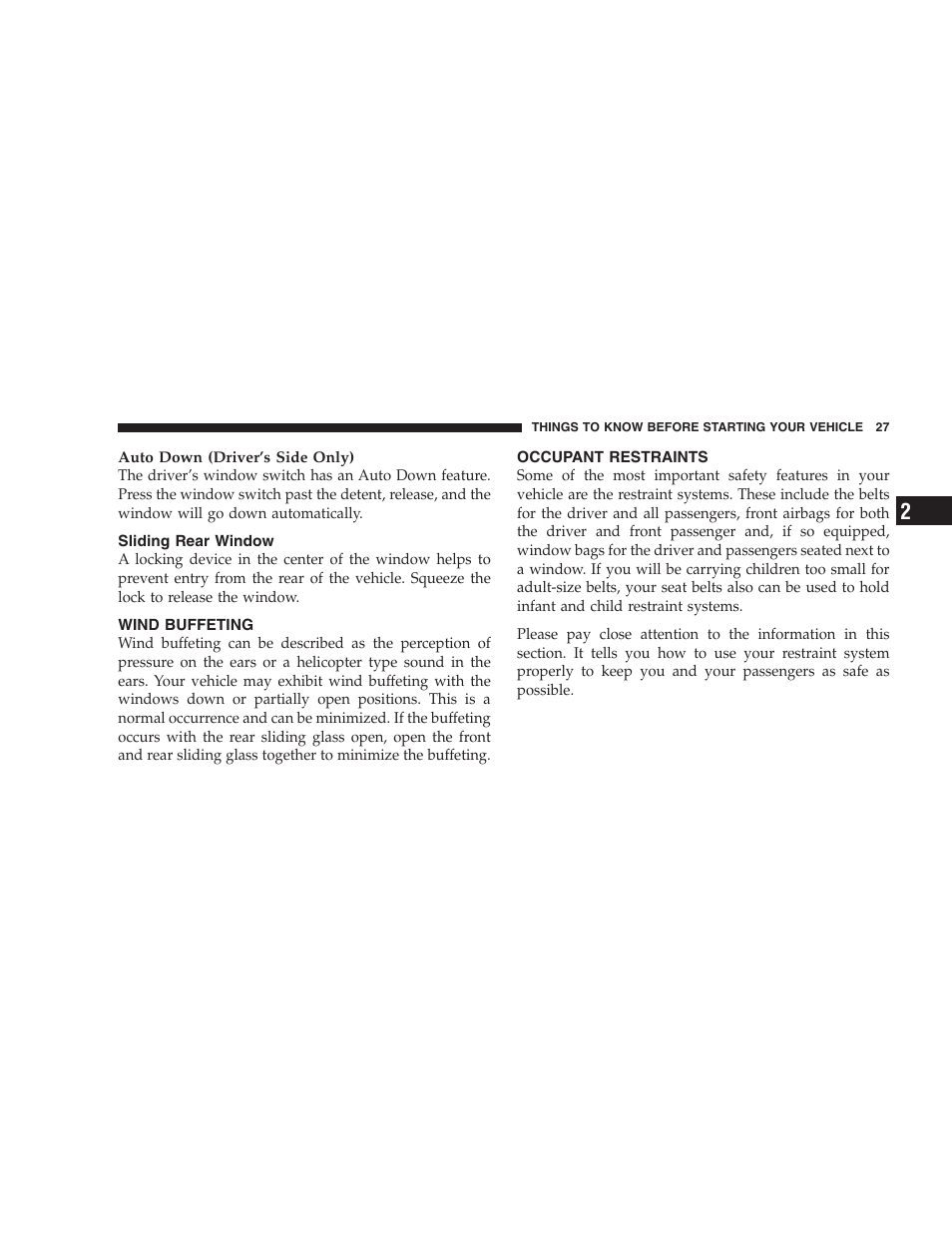 Sliding rear window, Wind buffeting, Occupant restraints | Dodge 2004 Ram SRT-10 User Manual | Page 27 / 302