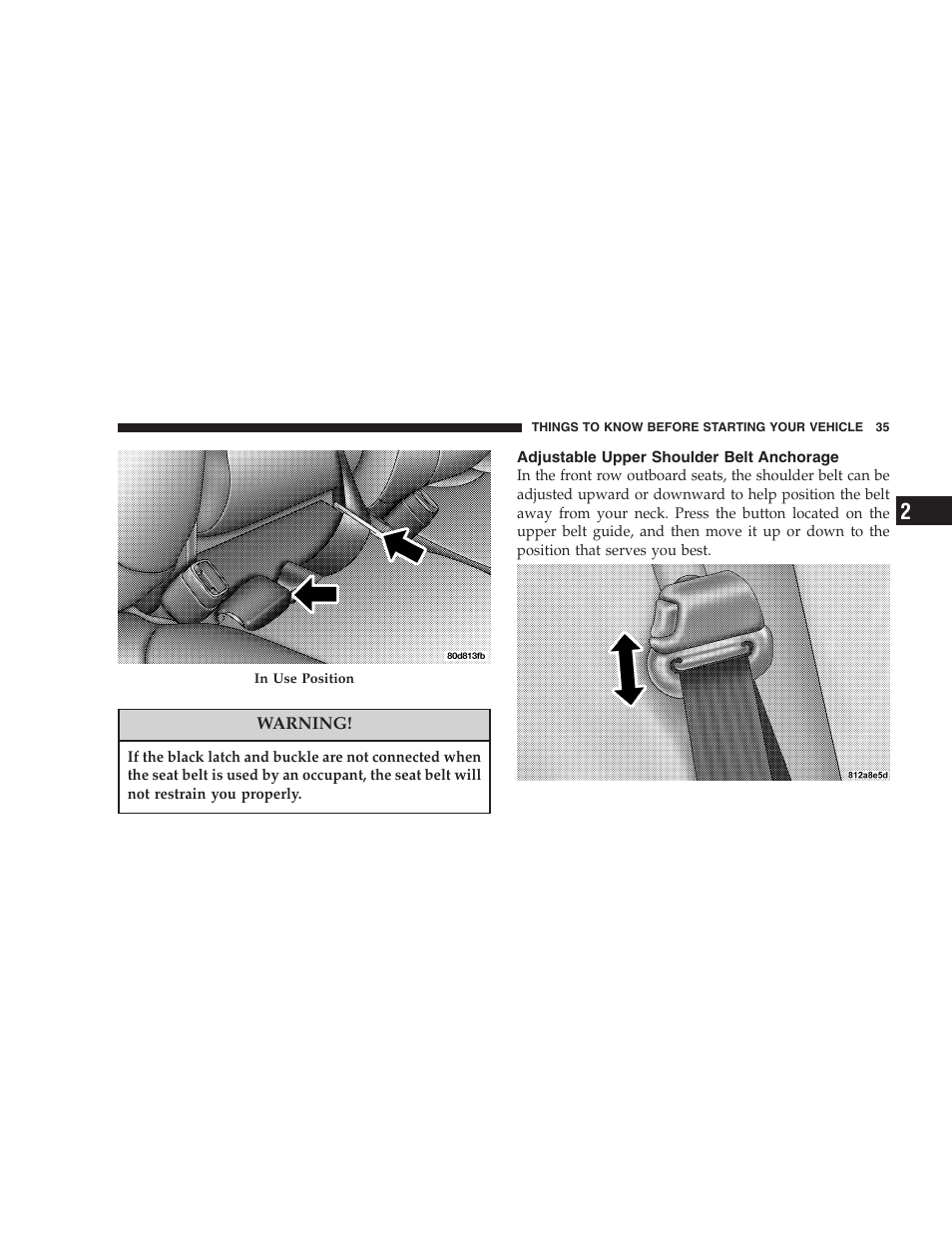 Adjustable upper shoulder belt anchorage | Dodge 2004 Ram SRT-10 User Manual | Page 35 / 302