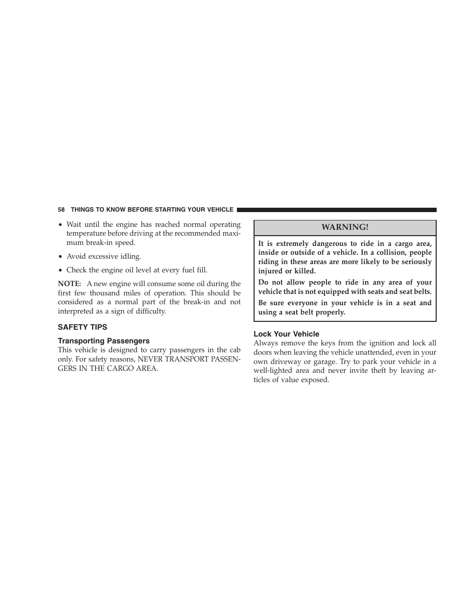 Safety tips, Transporting passengers, Lock your vehicle | Dodge 2004 Ram SRT-10 User Manual | Page 58 / 302