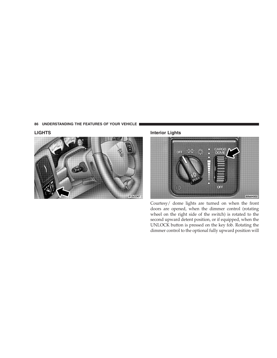 Lights, Interior lights | Dodge 2004 Ram SRT-10 User Manual | Page 86 / 302
