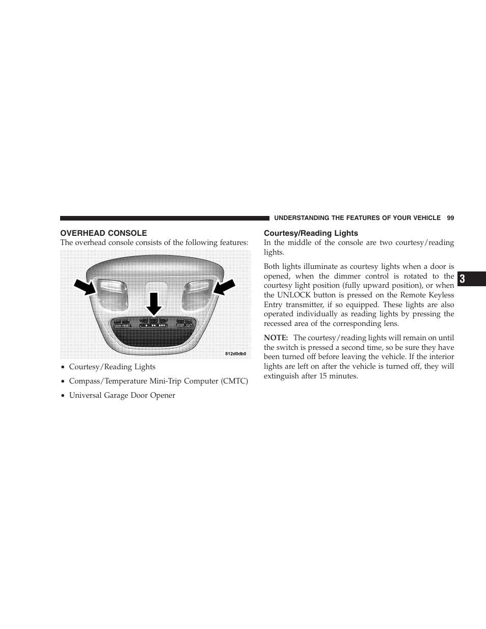 Overhead console, Courtesy/reading lights | Dodge 2004 Ram SRT-10 User Manual | Page 99 / 302