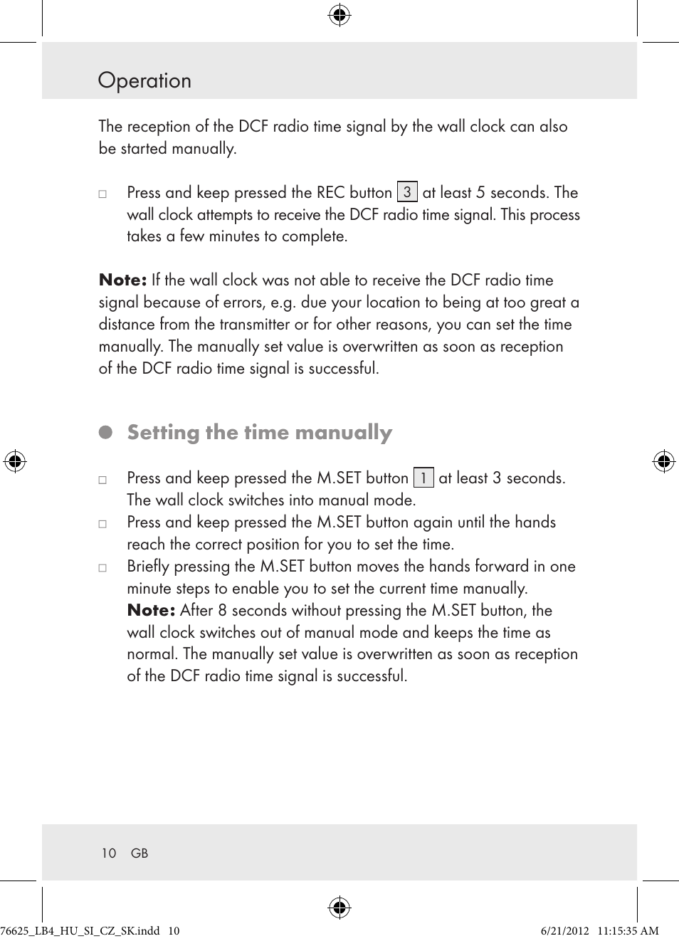 Operation, Setting the time manually | Auriol Z29955A User Manual | Page 10 / 70