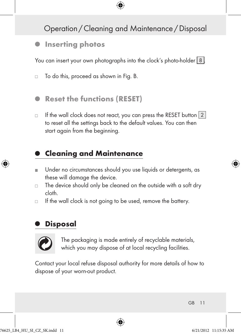 Operation / cleaning and maintenance / disposal, Inserting photos, Reset the functions (reset) | Cleaning and maintenance, Disposal | Auriol Z29955A User Manual | Page 11 / 70