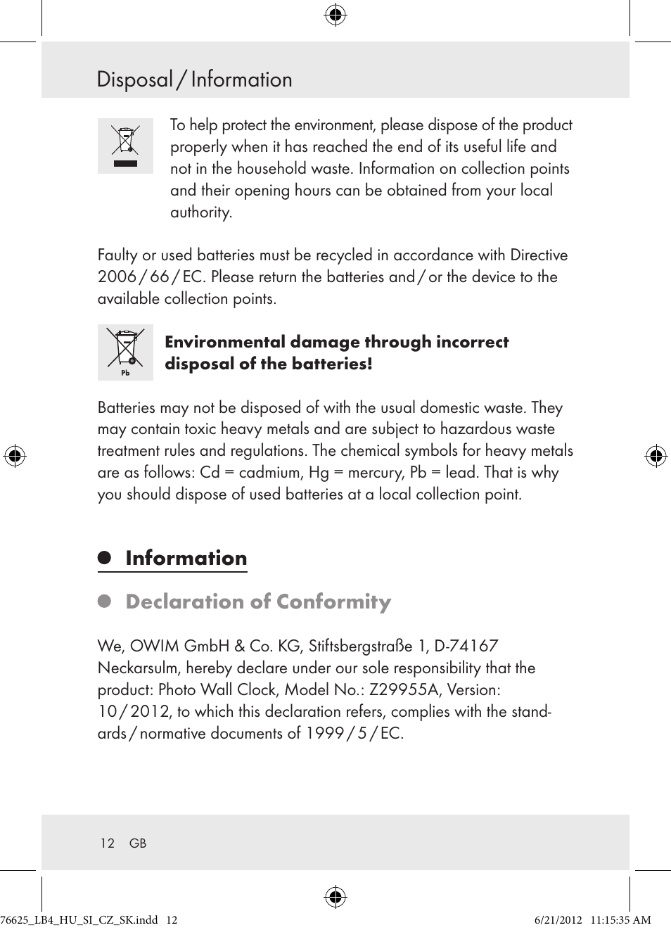 Disposal / information, Information declaration of conformity | Auriol Z29955A User Manual | Page 12 / 70