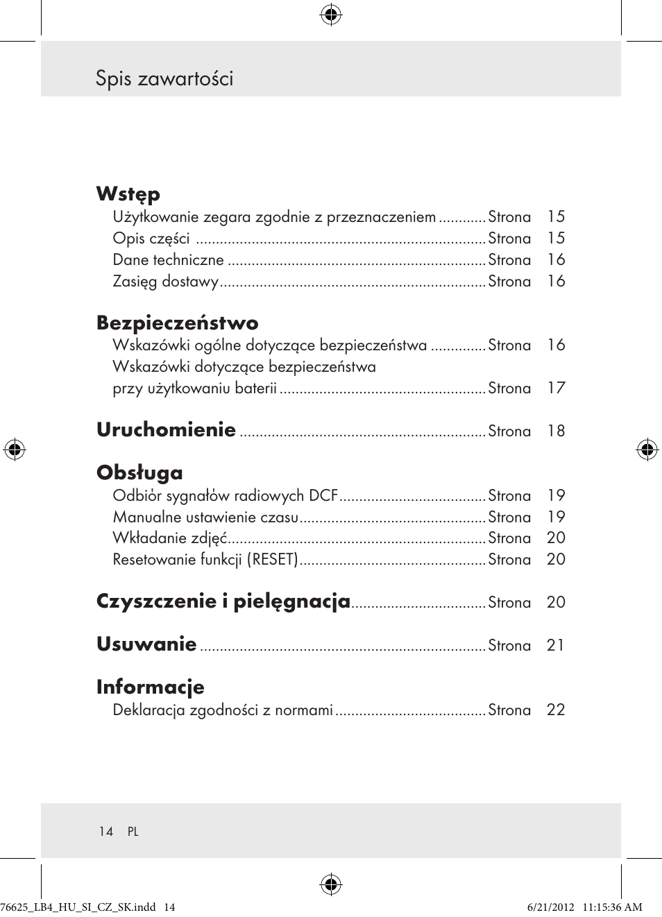 Spis zawartości, Wstęp, Bezpieczeństwo | Uruchomienie, Obsługa, Czyszczenie i pielęgnacja, Usuwanie, Informacje | Auriol Z29955A User Manual | Page 14 / 70