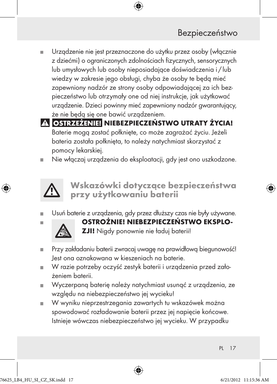 Bezpieczeństwo | Auriol Z29955A User Manual | Page 17 / 70