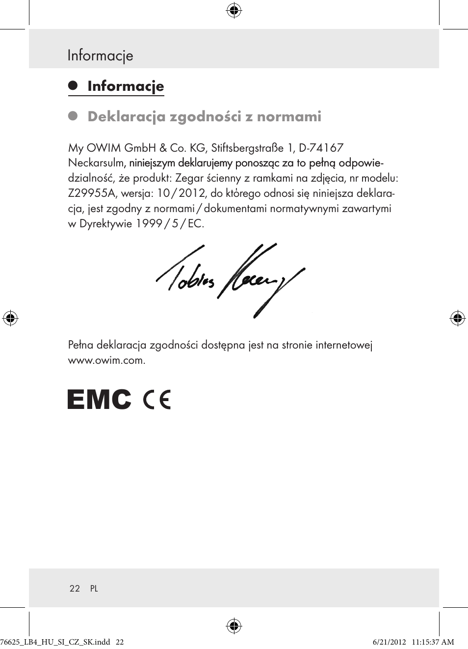 Informacje, Deklaracja zgodności z normami | Auriol Z29955A User Manual | Page 22 / 70