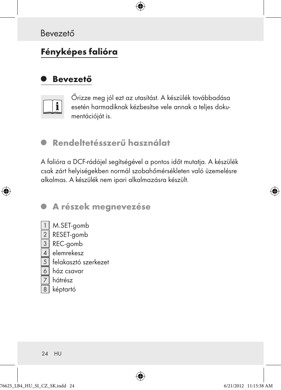 Bevezető, Fényképes falióra, Rendeltetésszerű használat | A részek megnevezése | Auriol Z29955A User Manual | Page 24 / 70