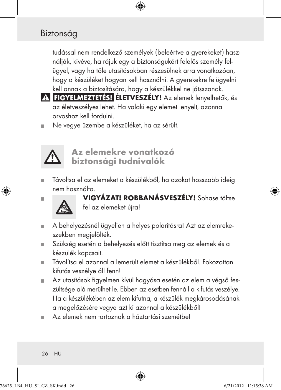 Biztonság, Az elemekre vonatkozó biztonsági tudnivalók | Auriol Z29955A User Manual | Page 26 / 70