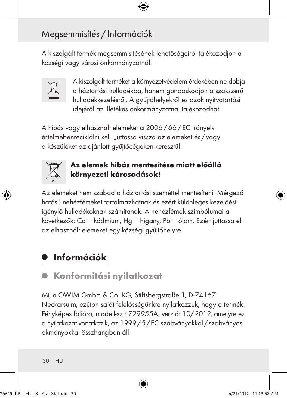 Megsemmisítés / információk, Információk, Konformitási nyilatkozat | Auriol Z29955A User Manual | Page 30 / 70