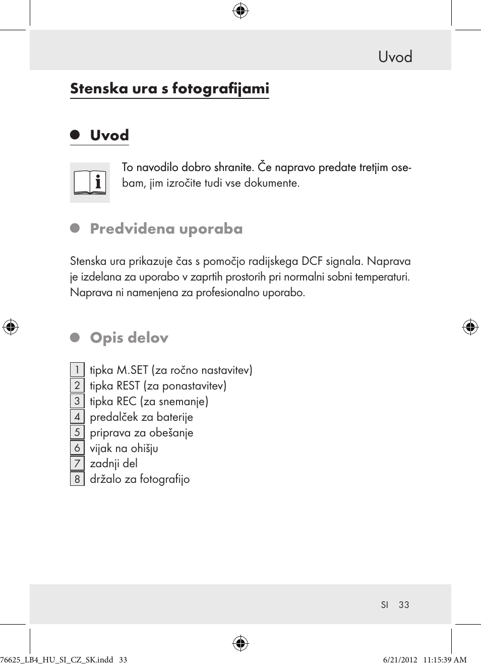 Uvod, Stenska ura s fotografijami, Predvidena uporaba | Opis delov | Auriol Z29955A User Manual | Page 33 / 70