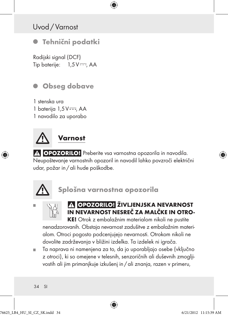 Uvod / varnost, Tehnični podatki, Obseg dobave | Varnost, Splošna varnostna opozorila | Auriol Z29955A User Manual | Page 34 / 70