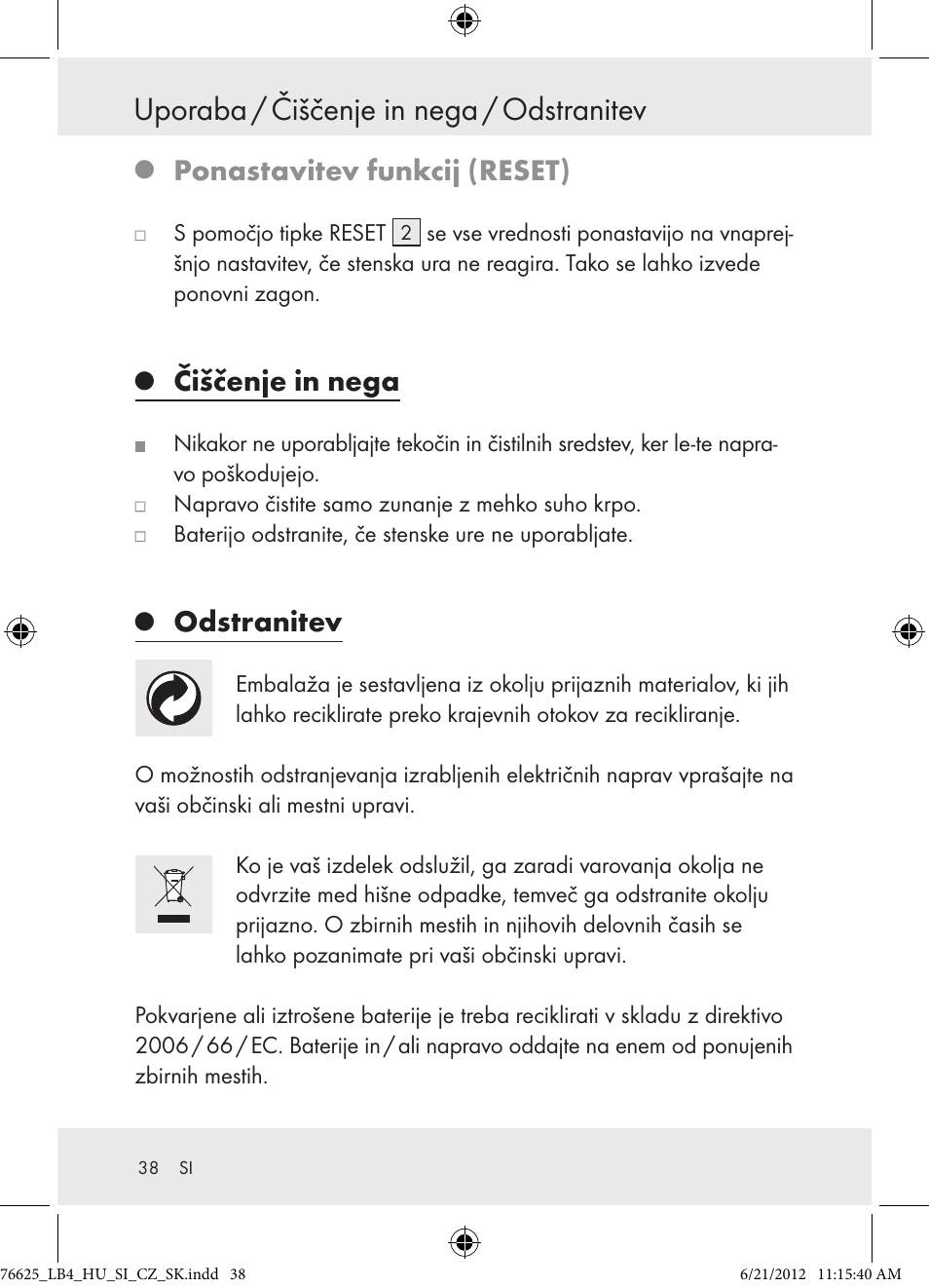 Uporaba / �iščenje in nega / odstranitev, Ponastavitev funkcij (reset), Čiščenje in nega | Odstranitev | Auriol Z29955A User Manual | Page 38 / 70