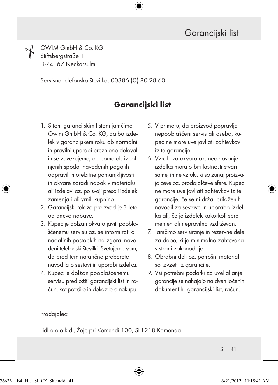 Garancijski list | Auriol Z29955A User Manual | Page 41 / 70