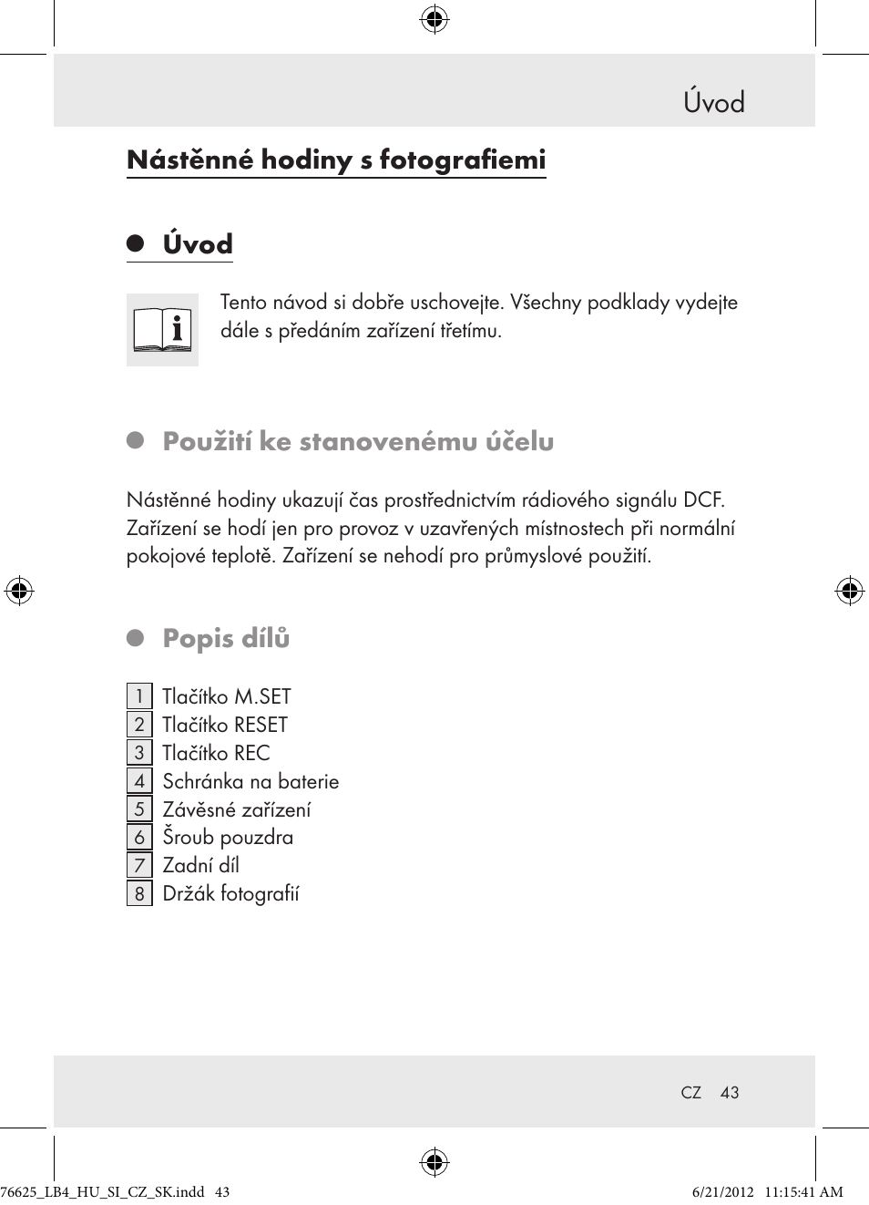 Úvod, Nástěnné hodiny s fotografiemi, Použití ke stanovenému účelu | Popis dílů | Auriol Z29955A User Manual | Page 43 / 70