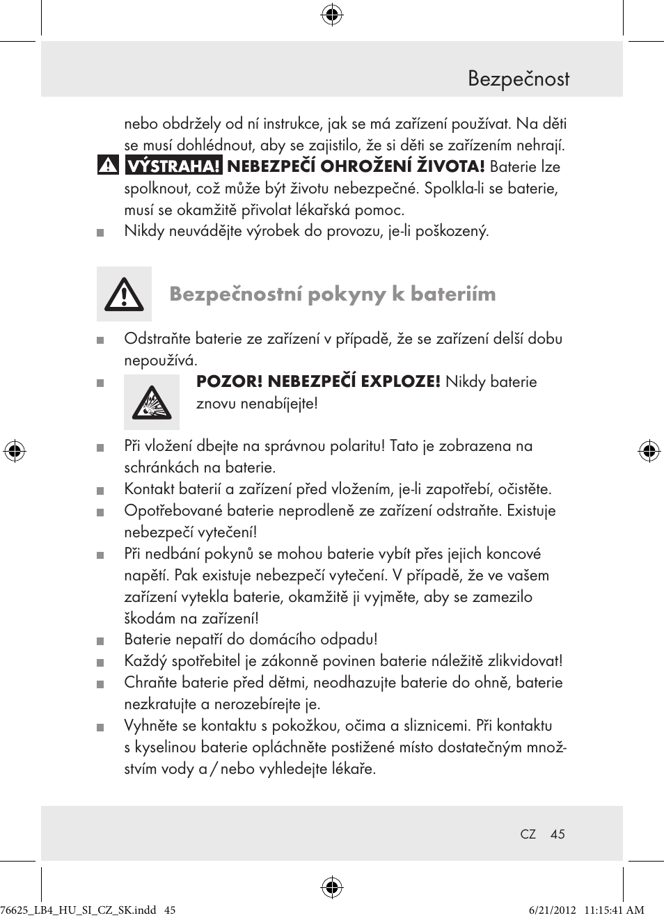 Bezpečnost, Bezpečnostní pokyny k bateriím | Auriol Z29955A User Manual | Page 45 / 70