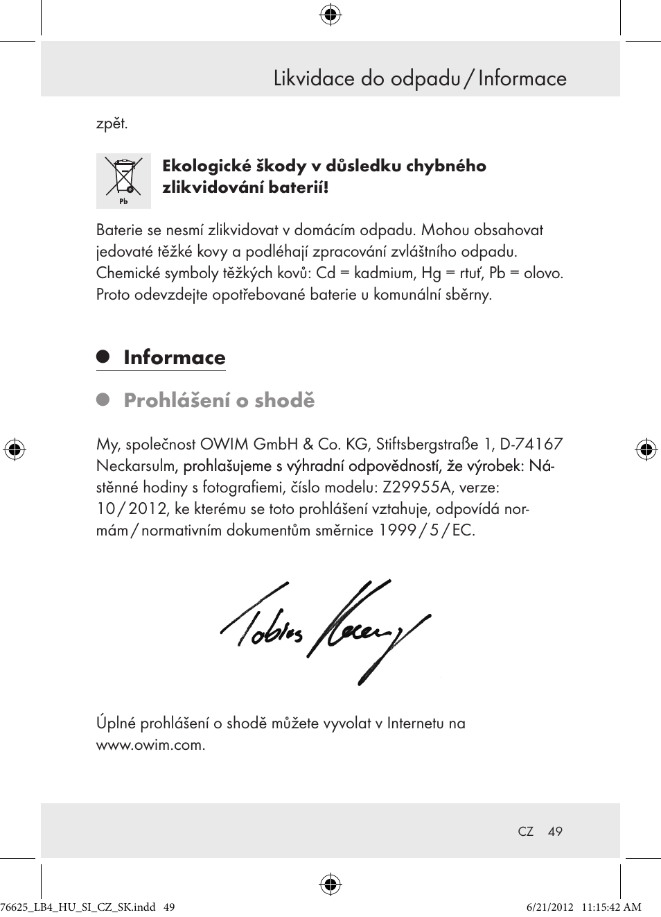 Likvidace do odpadu / informace, Informace, Prohlášení o shodě | Auriol Z29955A User Manual | Page 49 / 70
