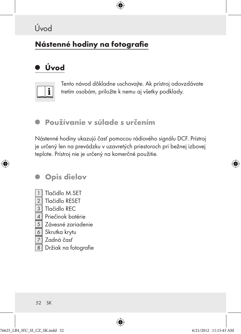 Úvod, Nástenné hodiny na fotografie, Používanie v súlade s určením | Opis dielov | Auriol Z29955A User Manual | Page 52 / 70