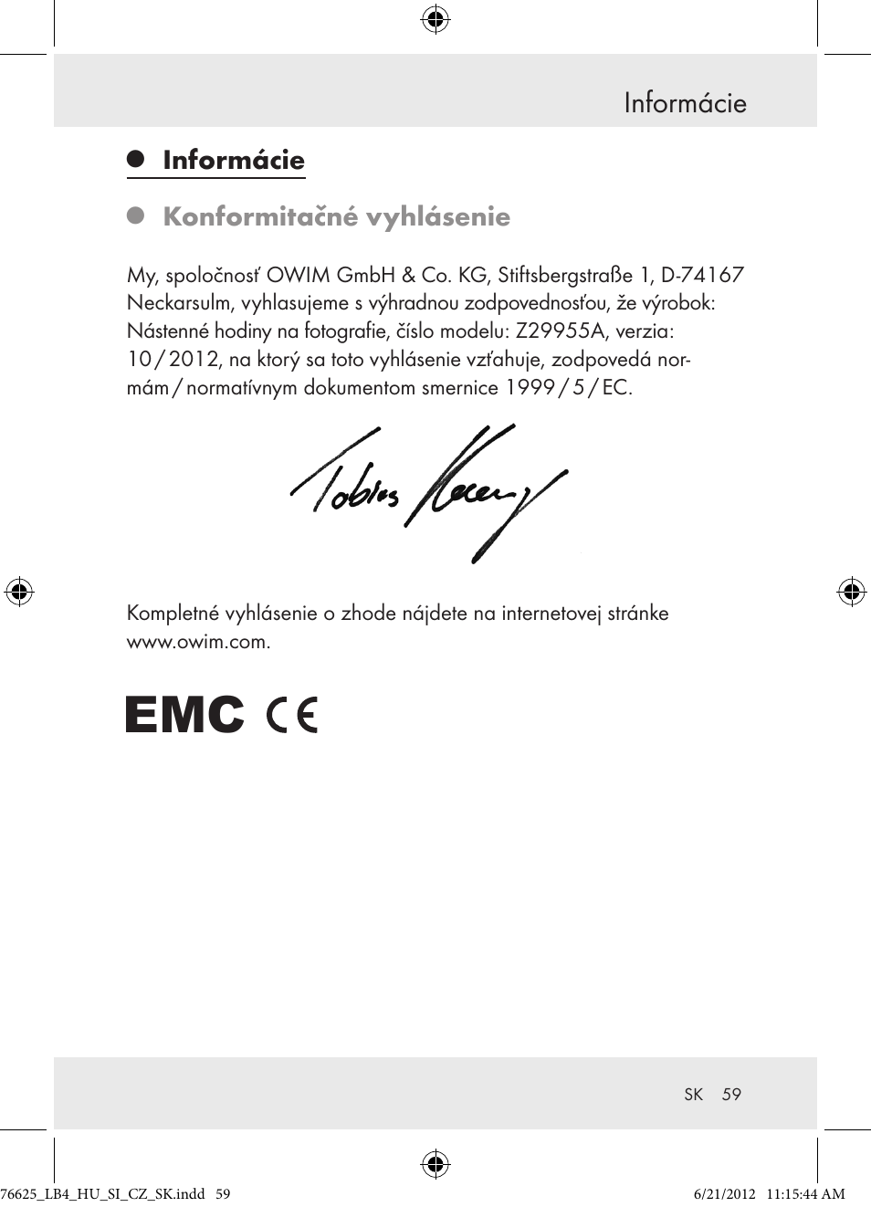Informácie, Konformitačné vyhlásenie | Auriol Z29955A User Manual | Page 59 / 70
