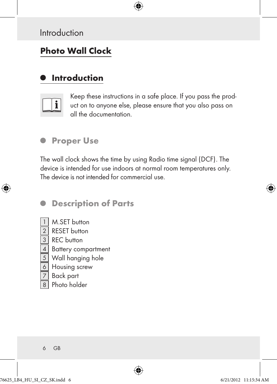 Introduction, Photo wall clock, Proper use | Description of parts | Auriol Z29955A User Manual | Page 6 / 70