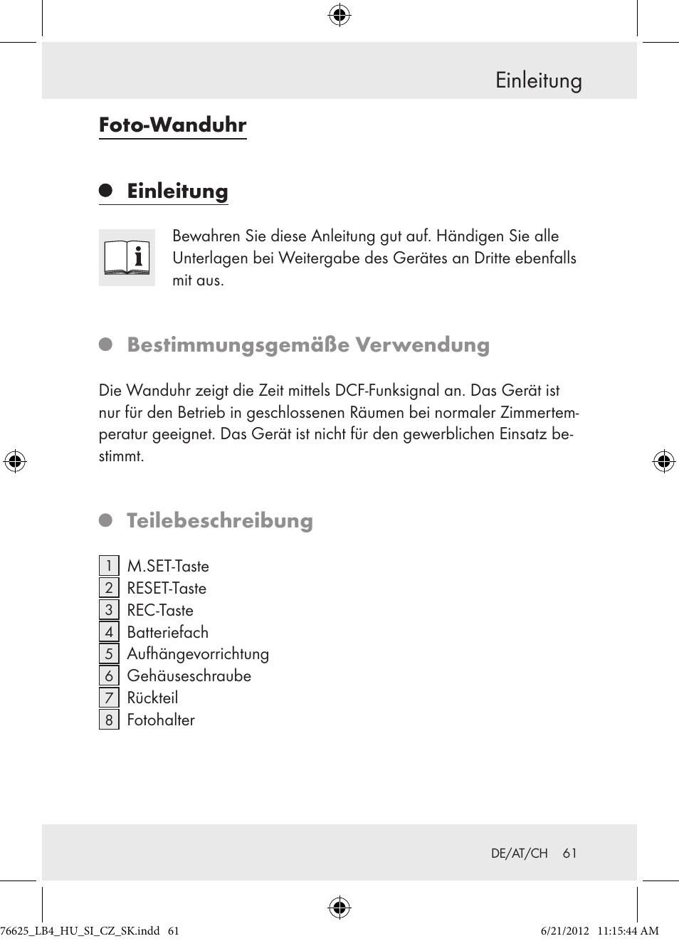 Einleitung, Foto-wanduhr, Bestimmungsgemäße verwendung | Teilebeschreibung | Auriol Z29955A User Manual | Page 61 / 70