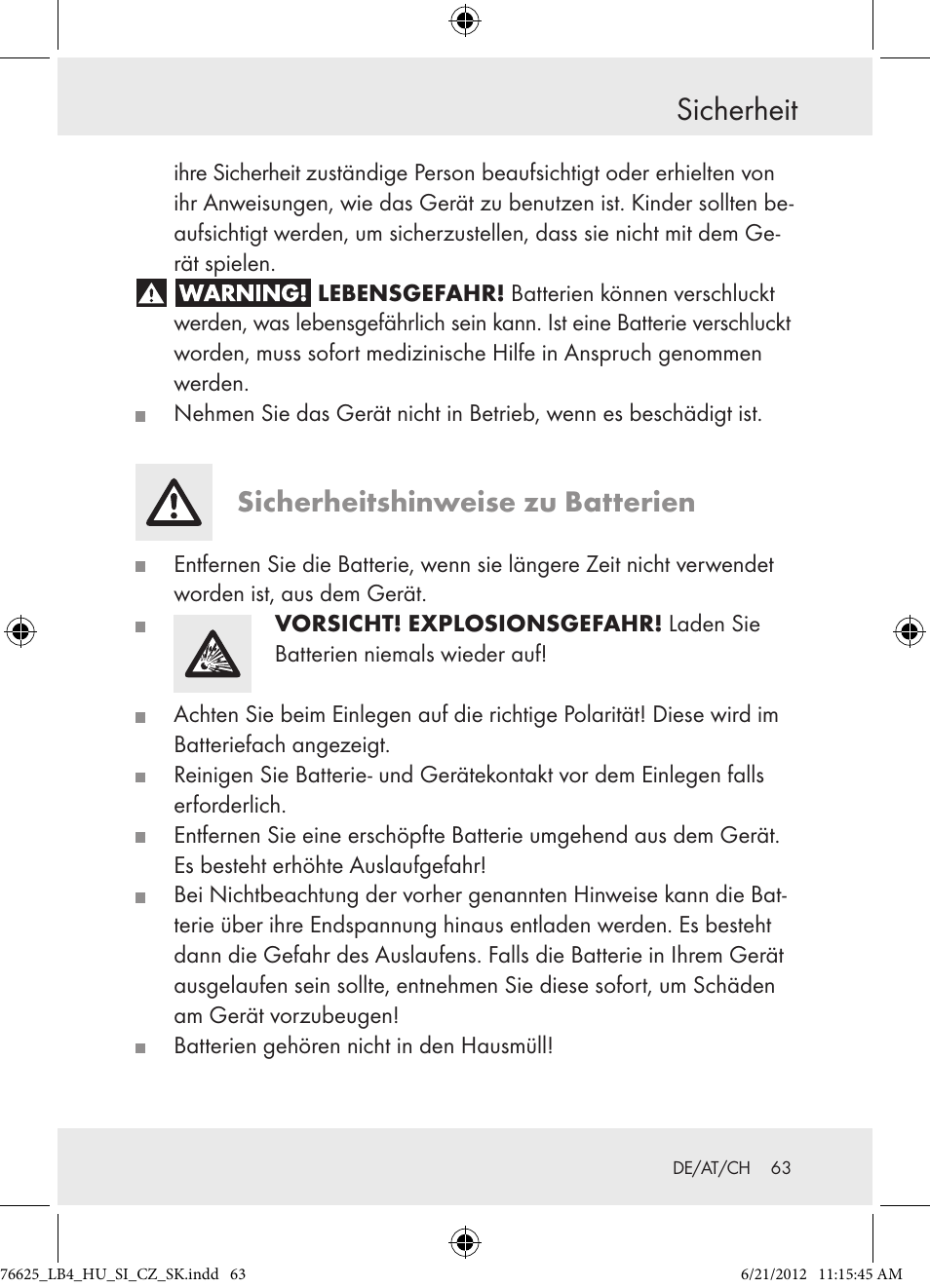 Sicherheit, Sicherheitshinweise zu batterien | Auriol Z29955A User Manual | Page 63 / 70