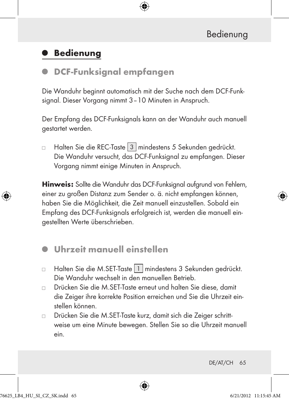 Bedienung, Bedienung dcf-funksignal empfangen, Uhrzeit manuell einstellen | Auriol Z29955A User Manual | Page 65 / 70