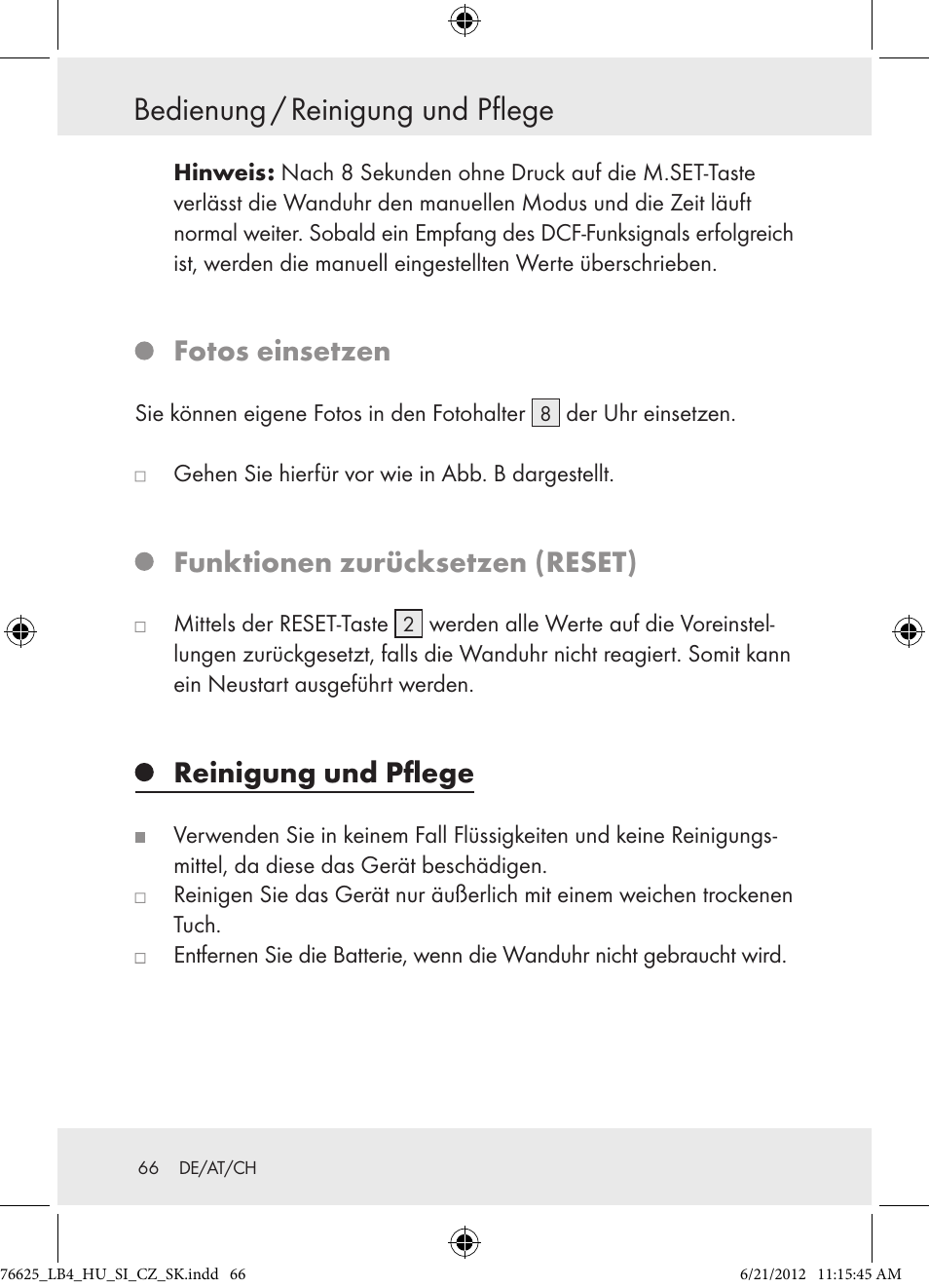 Bedienung / reinigung und pflege, Fotos einsetzen, Funktionen zurücksetzen (reset) | Reinigung und pflege | Auriol Z29955A User Manual | Page 66 / 70