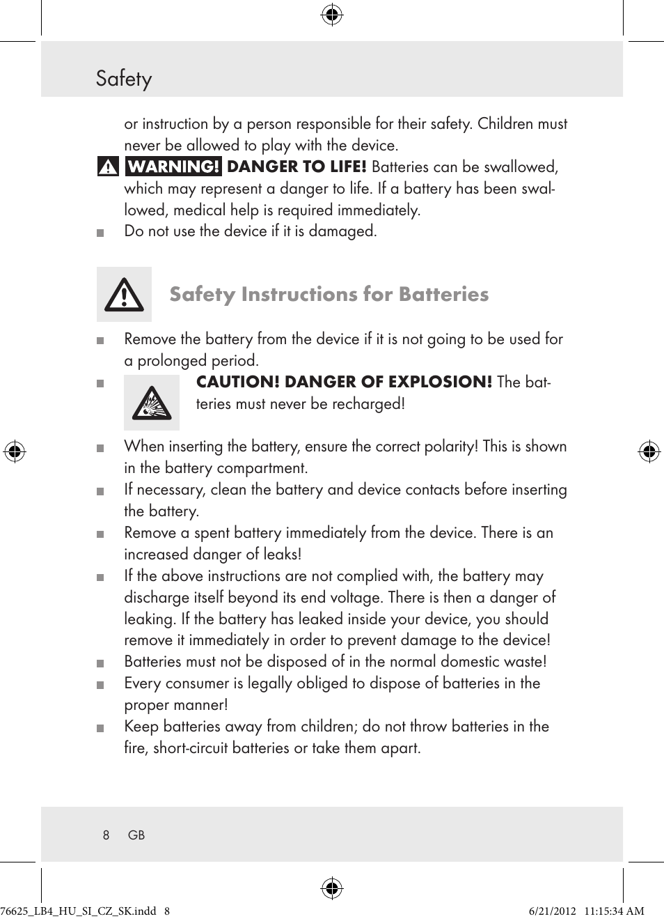 Safety, Safety instructions for batteries | Auriol Z29955A User Manual | Page 8 / 70