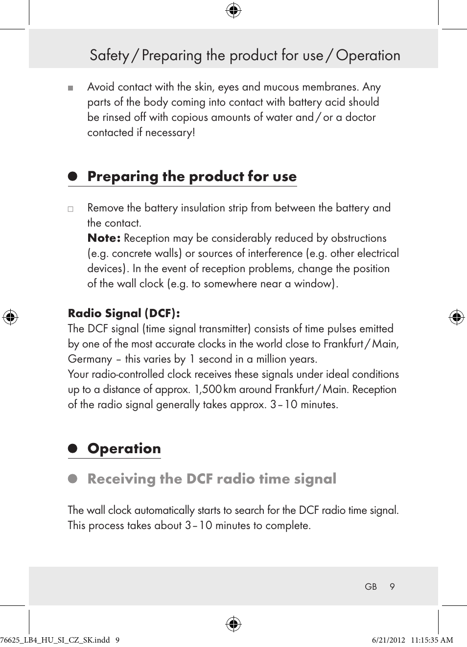 Safety / preparing the product for use / operation, Preparing the product for use, Operation receiving the dcf radio time signal | Auriol Z29955A User Manual | Page 9 / 70