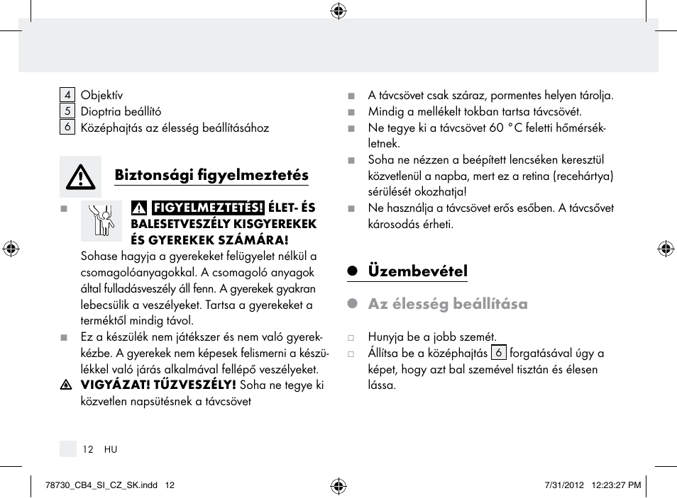 Biztonsági figyelmeztetés, Üzembevétel, Az élesség beállítása | Auriol Z9850 User Manual | Page 12 / 29