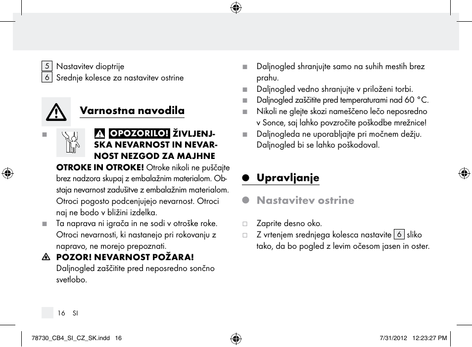 Varnostna navodila, Upravljanje, Nastavitev ostrine | Auriol Z9850 User Manual | Page 16 / 29