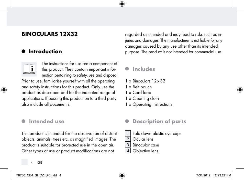 Binoculars 12x32, Introduction, Intended use | Includes, Description of parts | Auriol Z9850 User Manual | Page 4 / 29