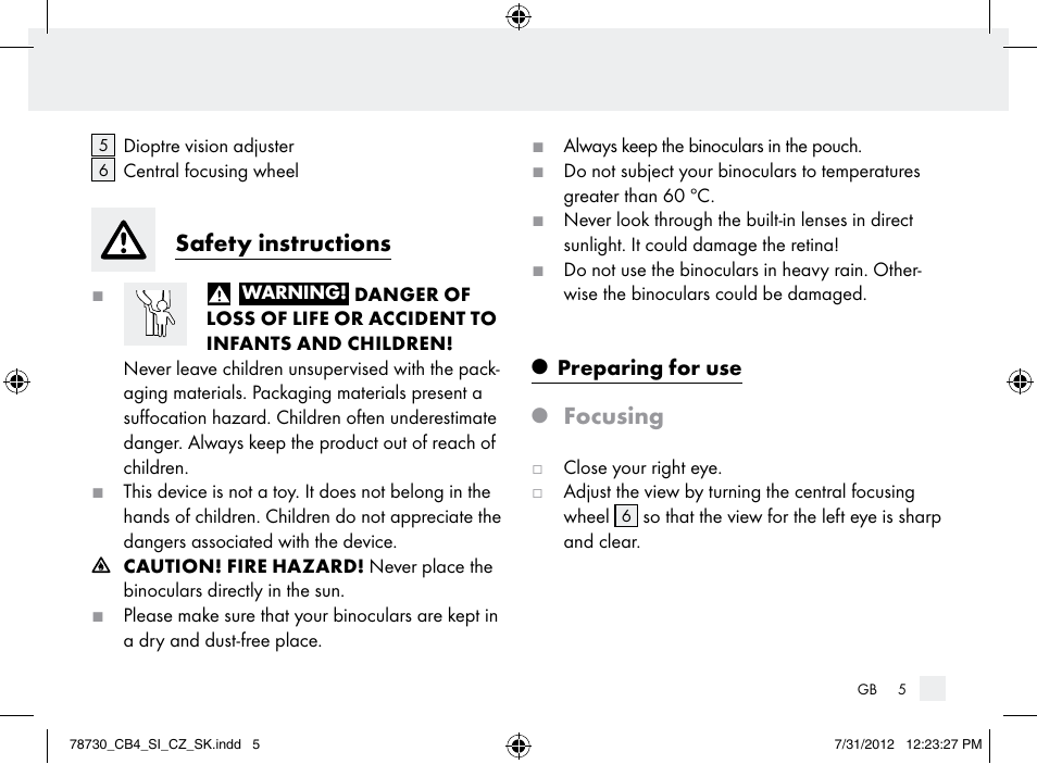 Safety instructions, Focusing | Auriol Z9850 User Manual | Page 5 / 29