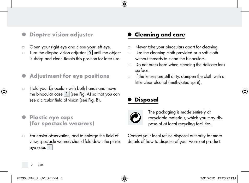 Dioptre vision adjuster, Adjustment for eye positions, Plastic eye caps (for spectacle wearers) | Cleaning and care, Disposal | Auriol Z9850 User Manual | Page 6 / 29