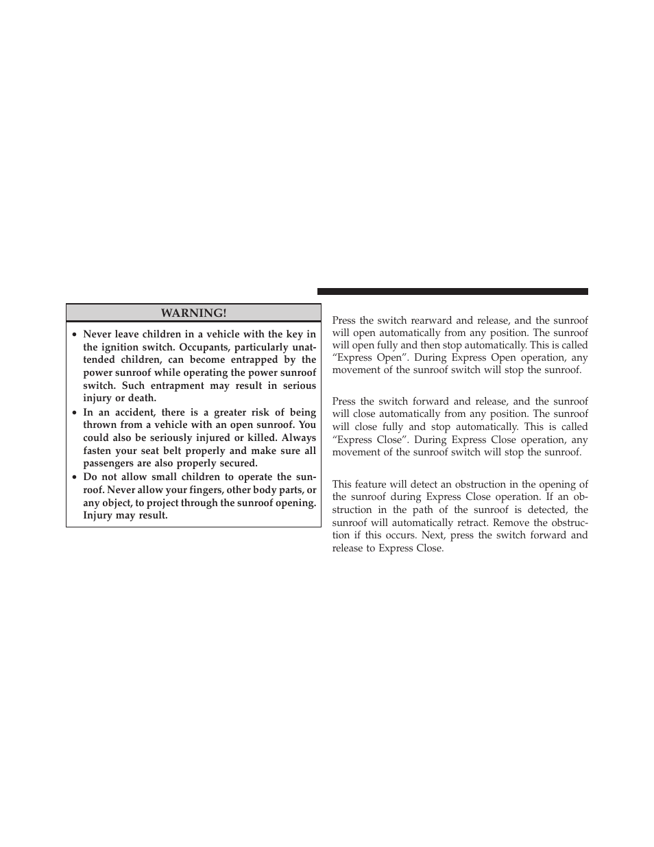 Opening sunroof — express, Closing sunroof — express, Pinch protect feature | Dodge 2010 Charger User Manual | Page 157 / 484