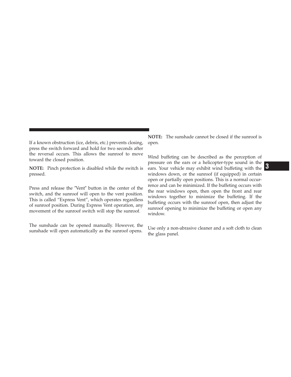 Pinch protect override, Venting sunroof — express, Sunshade operation | Wind buffeting, Sunroof maintenance | Dodge 2010 Charger User Manual | Page 158 / 484