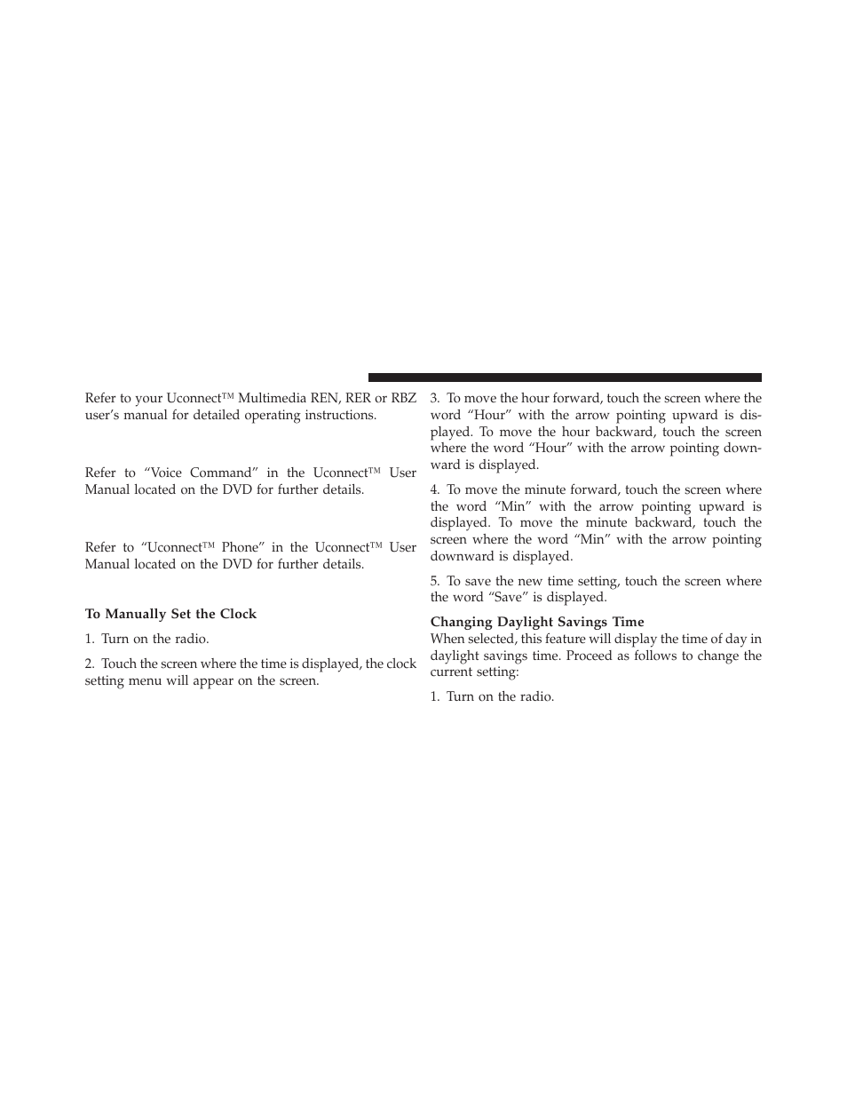 Clock setting procedure — rbz radio, Operating instructions — voice command, System (vr) — if equipped | Operating instructions — uconnect™ phone, If equipped | Dodge 2010 Charger User Manual | Page 203 / 484