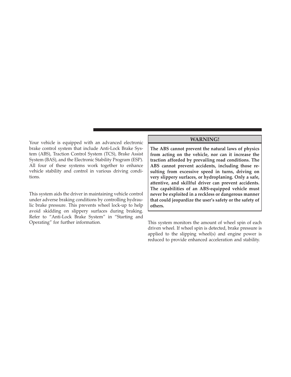 Electronic brake control system, Anti-lock brake system (abs), Traction control system (tcs) | Dodge 2010 Charger User Manual | Page 293 / 484