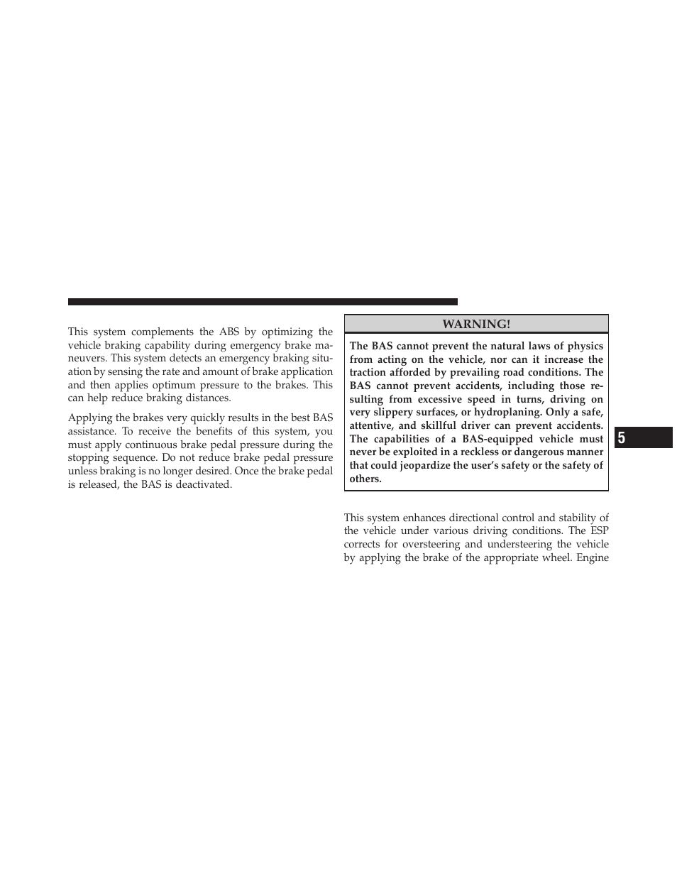 Brake assist system (bas), Electronic stability program (esp) | Dodge 2010 Charger User Manual | Page 294 / 484