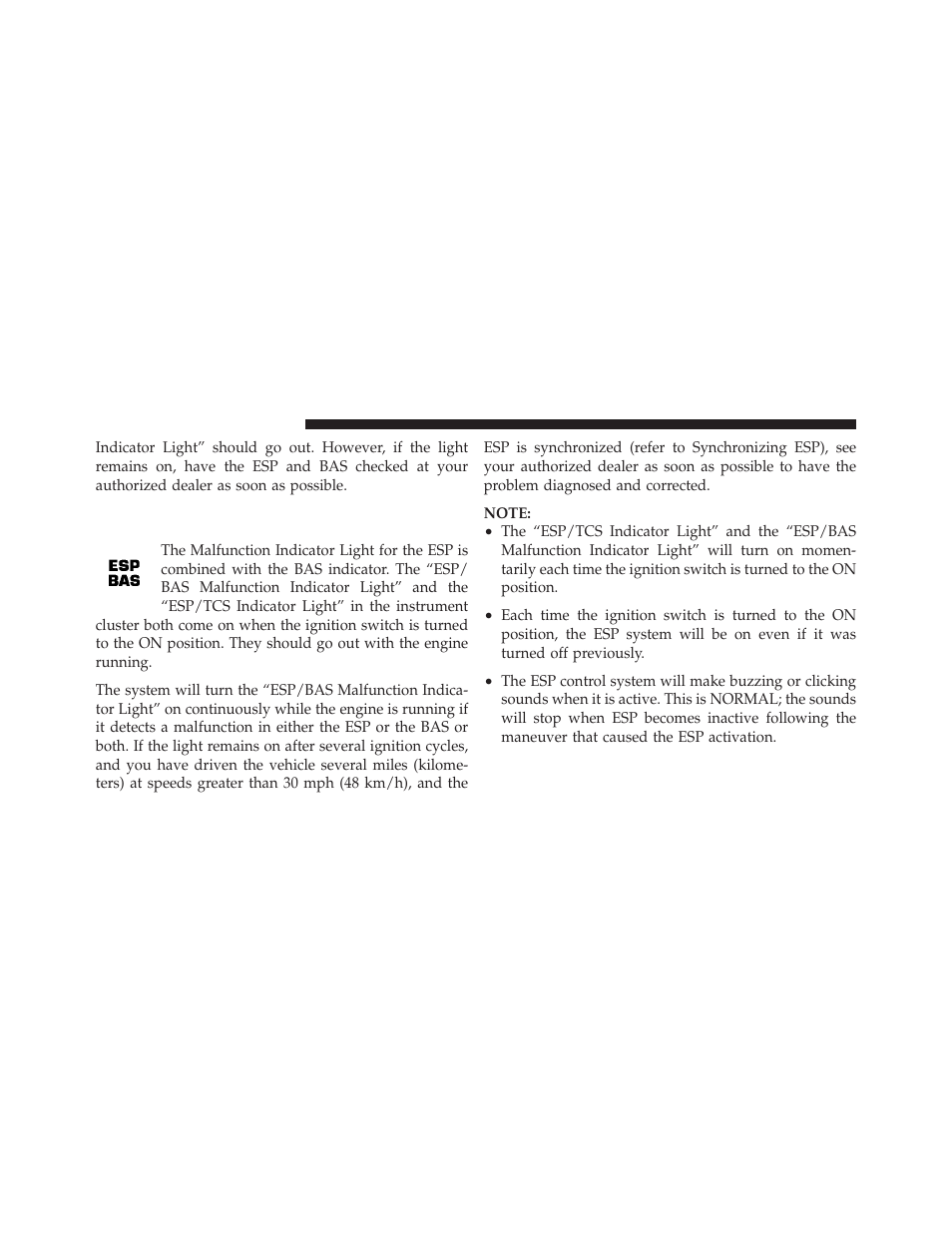 Esp/bas malfunction indicator light and, Esp/tcs indicator light | Dodge 2010 Charger User Manual | Page 297 / 484