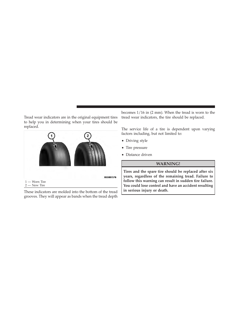 Tread wear indicators, Life of tire | Dodge 2010 Charger User Manual | Page 313 / 484