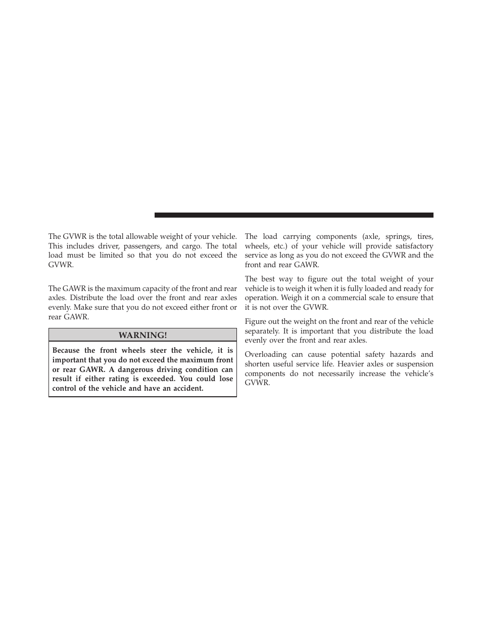 Gross vehicle weight rating (gvwr), Gross axle weight rating (gawr), Overloading | Dodge 2010 Charger User Manual | Page 335 / 484