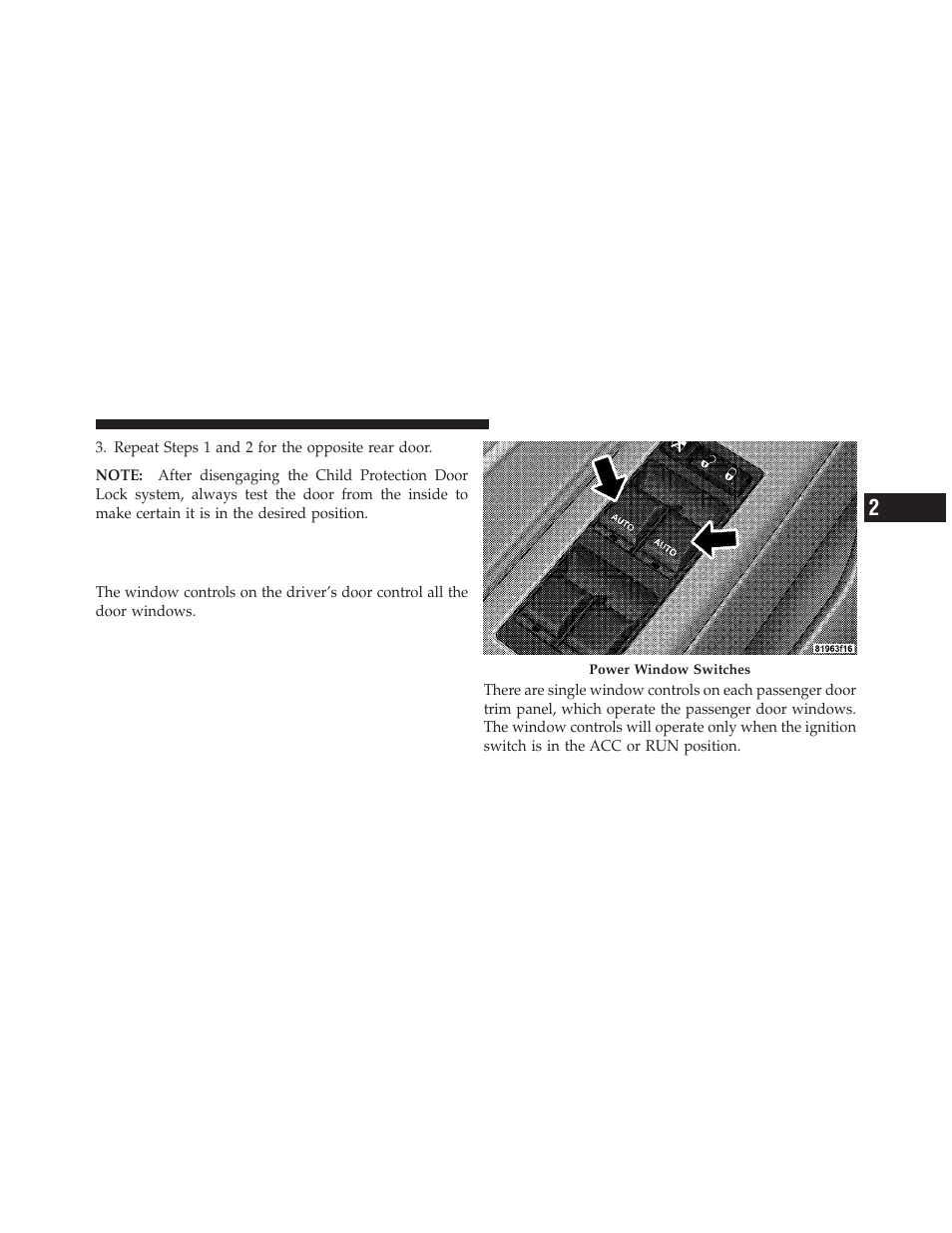 Windows, Power windows | Dodge 2010 Charger User Manual | Page 36 / 484