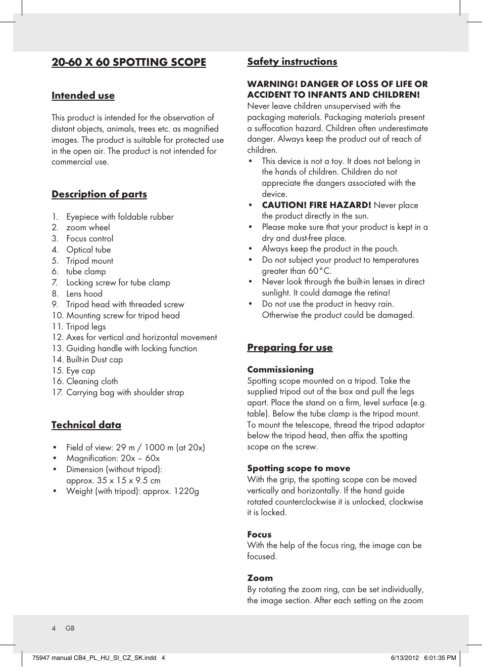60 x 60 spotting scope | Auriol Z31261 User Manual | Page 4 / 16