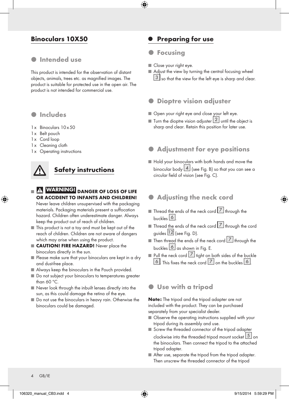 Binoculars 10x50 p intended use, P includes, Safety instructions | Preparing for use p focusing, P dioptre vision adjuster, P adjustment for eye positions, P adjusting the neck cord, P use with a tripod | Auriol 106320-14-01 User Manual | Page 4 / 18